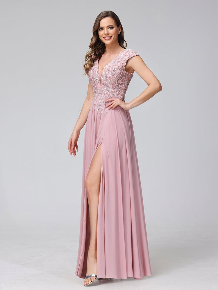 A-Line/Princess V-Neck Sleeveless Chiffon LongBridemaid Dresses With Applique Split Side