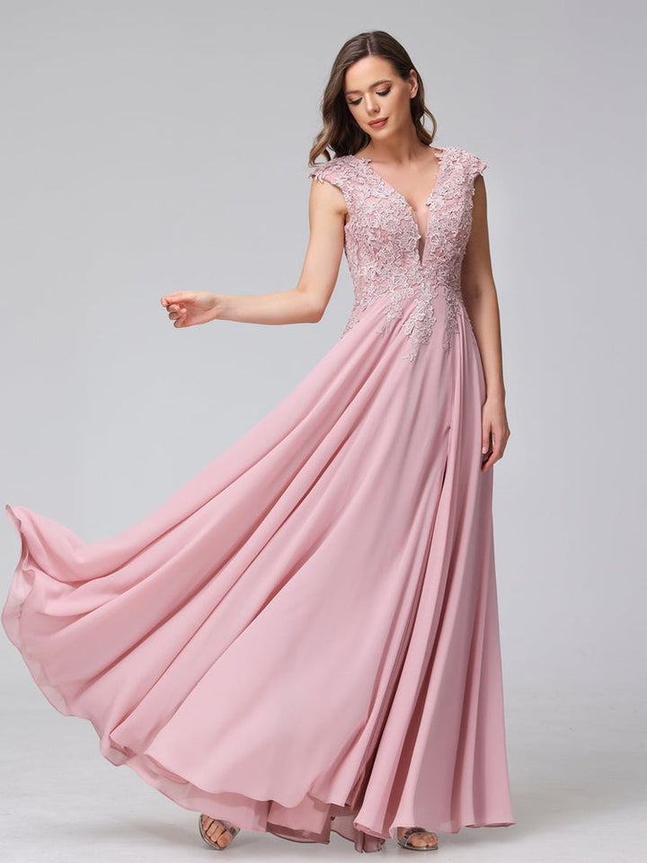 A-Line/Princess V-Neck Sleeveless Chiffon LongBridemaid Dresses With Applique Split Side