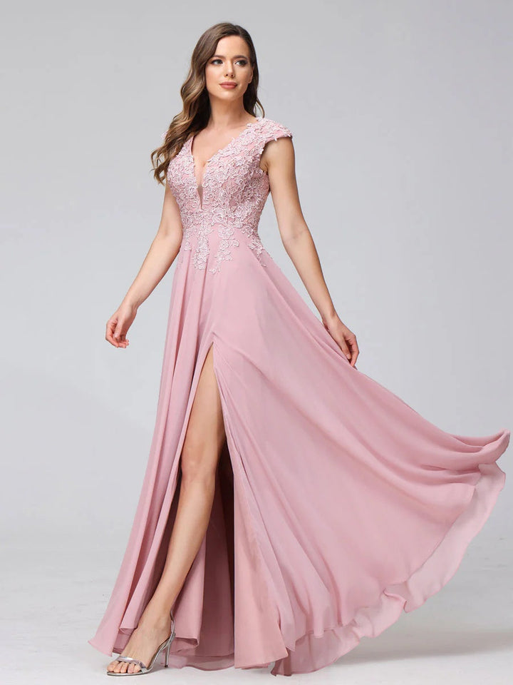 A-Line/Princess V-Neck Sleeveless Chiffon LongBridemaid Dresses With Applique Split Side