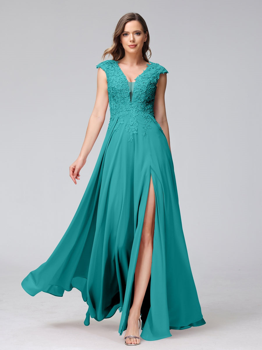 A-Line/Princess V-Neck Sleeveless Chiffon LongBridemaid Dresses With Applique Split Side