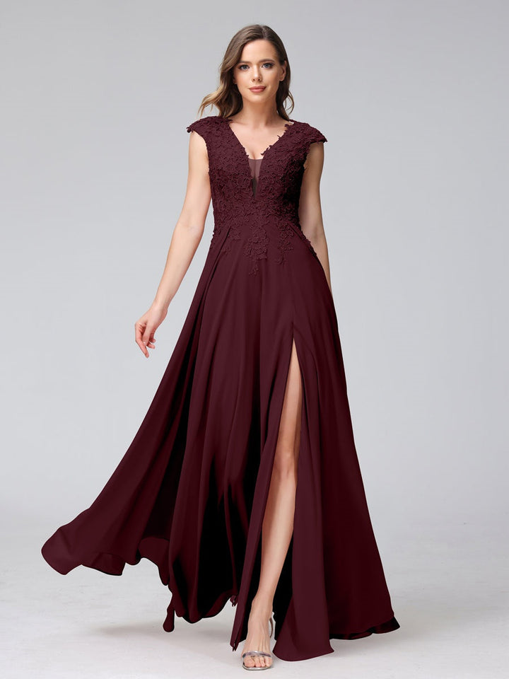 A-Line/Princess V-Neck Sleeveless Chiffon LongBridemaid Dresses With Applique Split Side