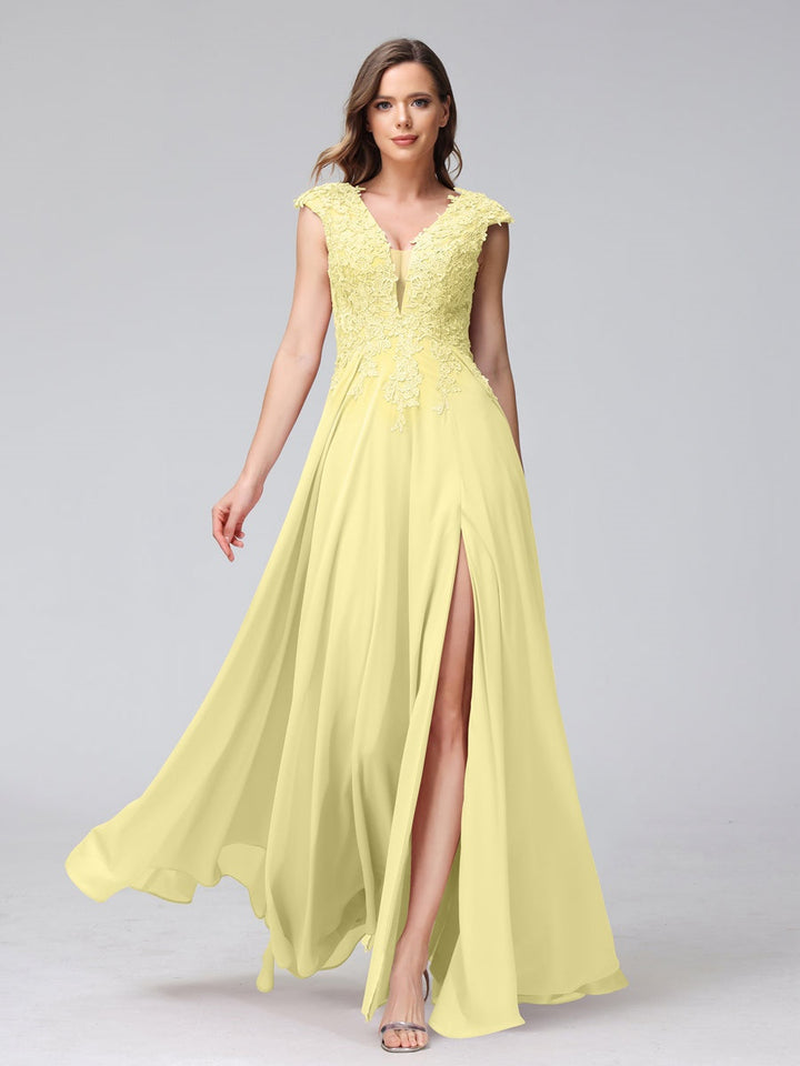 A-Line/Princess V-Neck Sleeveless Chiffon LongBridemaid Dresses With Applique Split Side