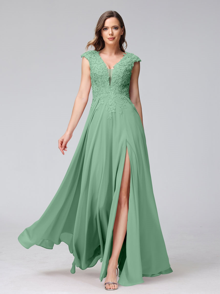 A-Line/Princess V-Neck Sleeveless Chiffon LongBridemaid Dresses With Applique Split Side