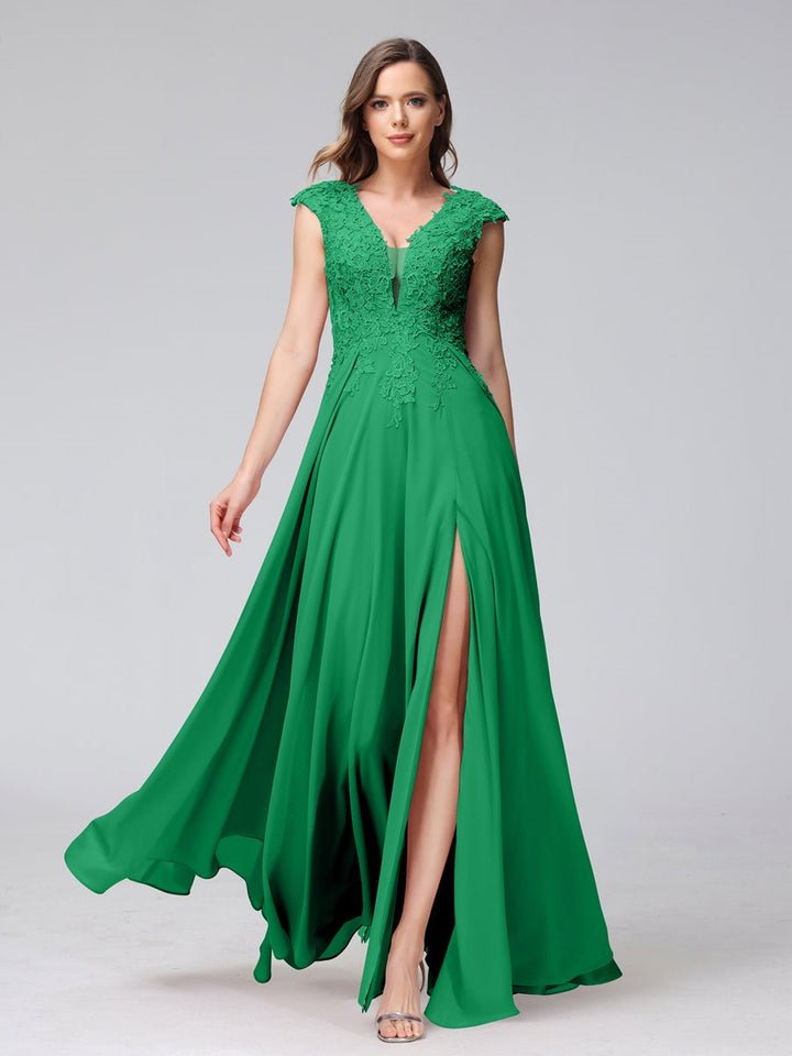 A-Line/Princess V-Neck Sleeveless Chiffon LongBridemaid Dresses With Applique Split Side