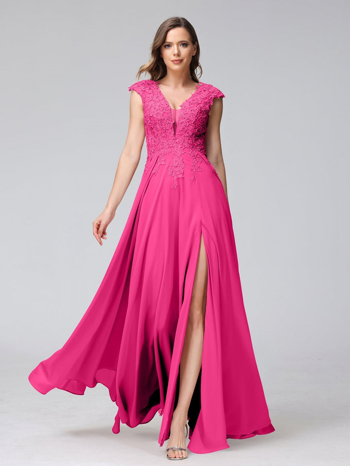 A-Line/Princess V-Neck Sleeveless Chiffon LongBridemaid Dresses With Applique Split Side