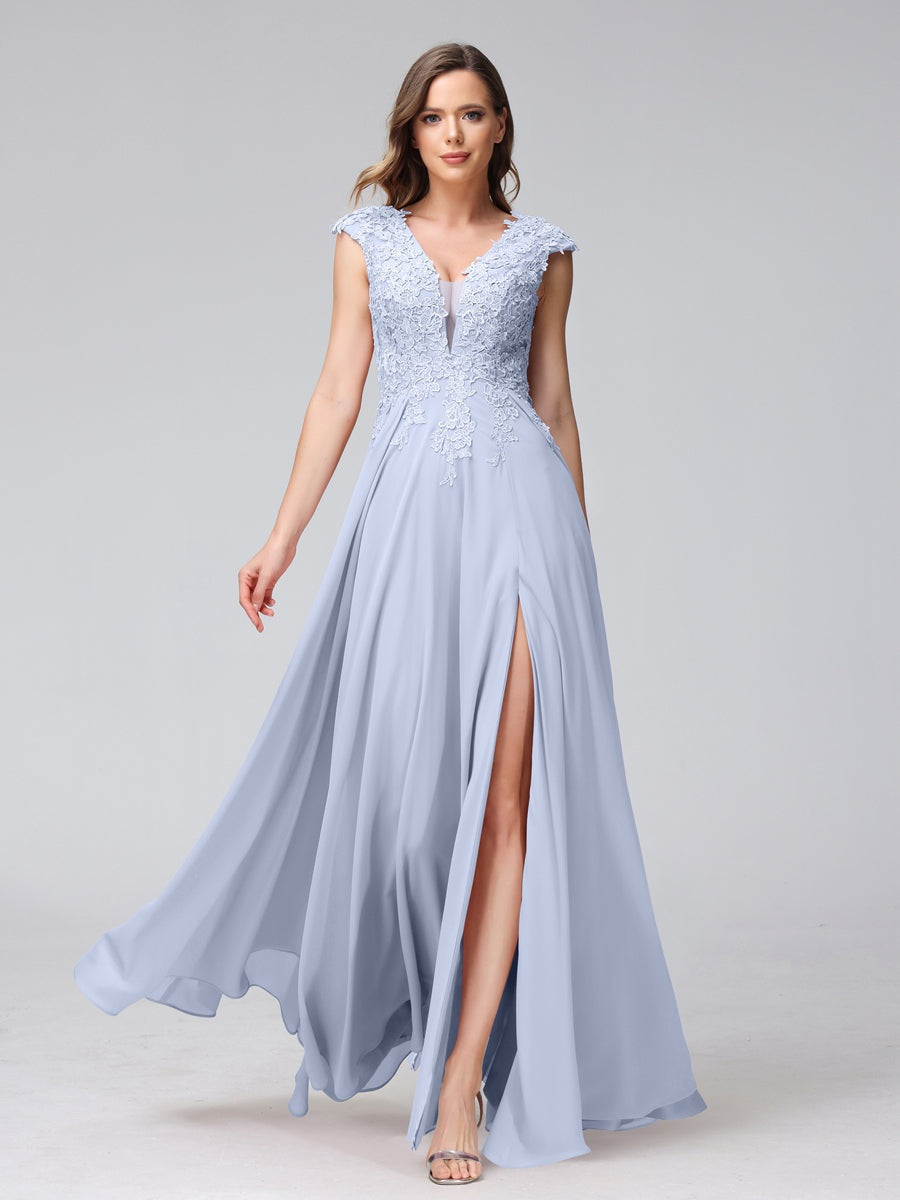 A-Line/Princess V-Neck Sleeveless Chiffon LongBridemaid Dresses With Applique Split Side