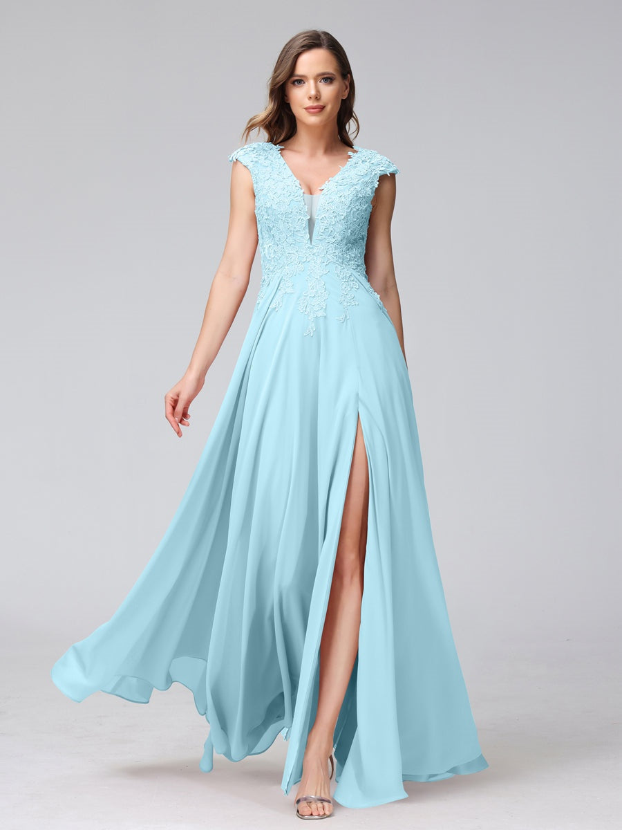 A-Line/Princess V-Neck Sleeveless Chiffon LongBridemaid Dresses With Applique Split Side