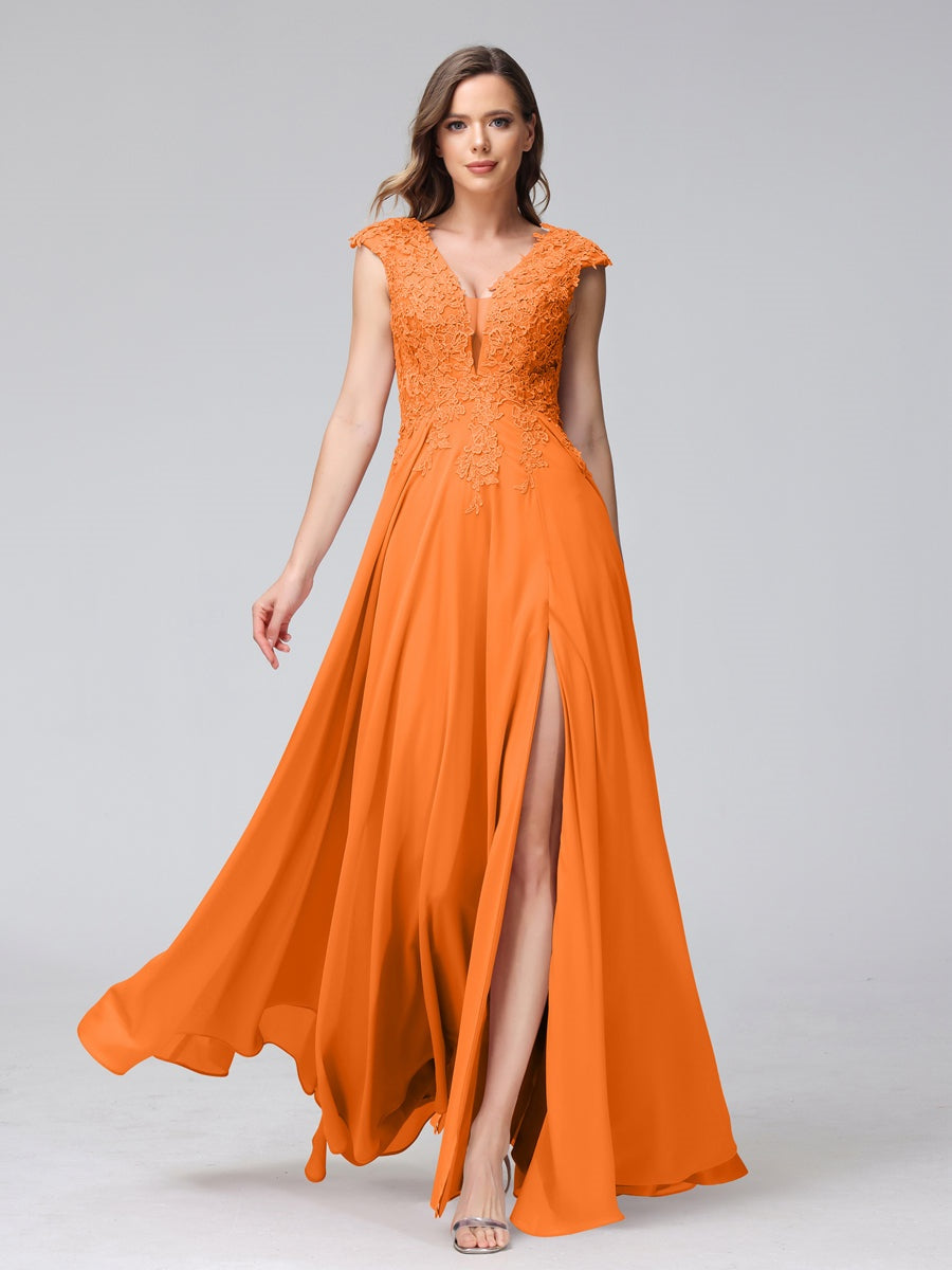 A-Line/Princess V-Neck Sleeveless Chiffon LongBridemaid Dresses With Applique Split Side