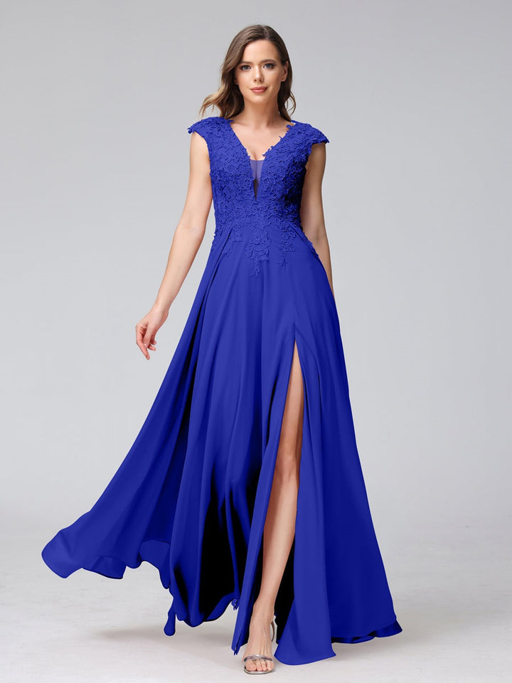 A-Line/Princess V-Neck Sleeveless Chiffon LongBridemaid Dresses With Applique Split Side