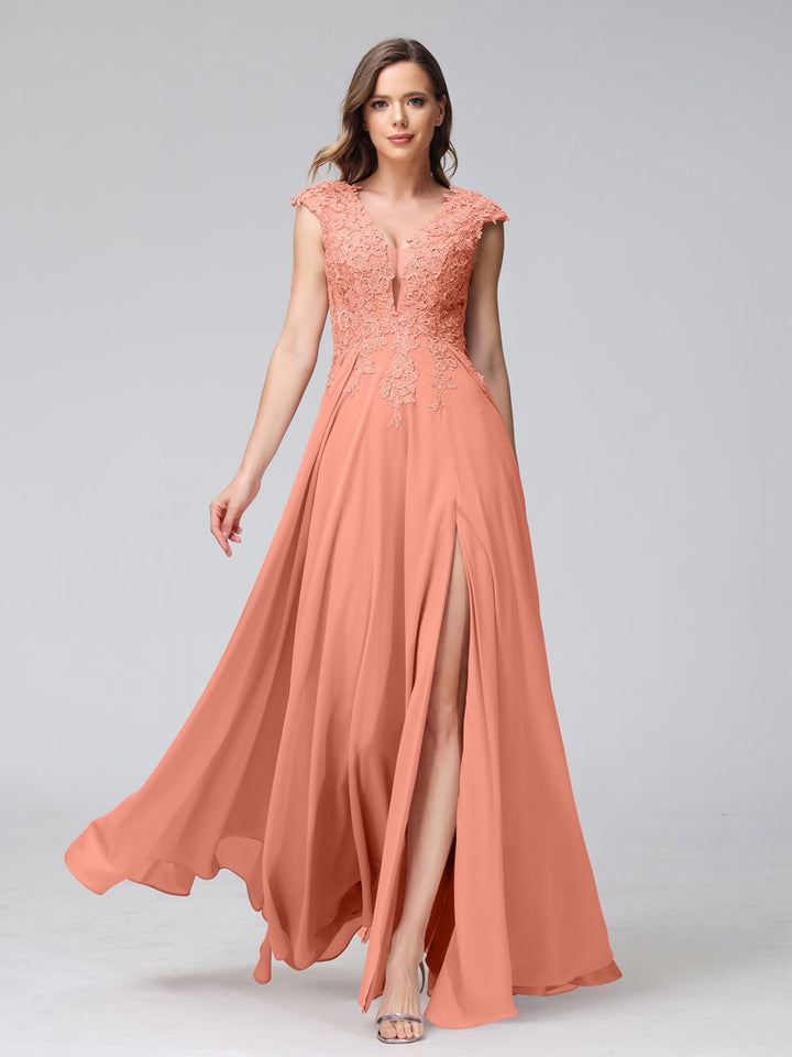 A-Line/Princess V-Neck Sleeveless Chiffon LongBridemaid Dresses With Applique Split Side