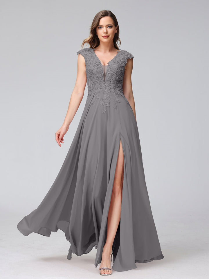 A-Line/Princess V-Neck Sleeveless Chiffon LongBridemaid Dresses With Applique Split Side