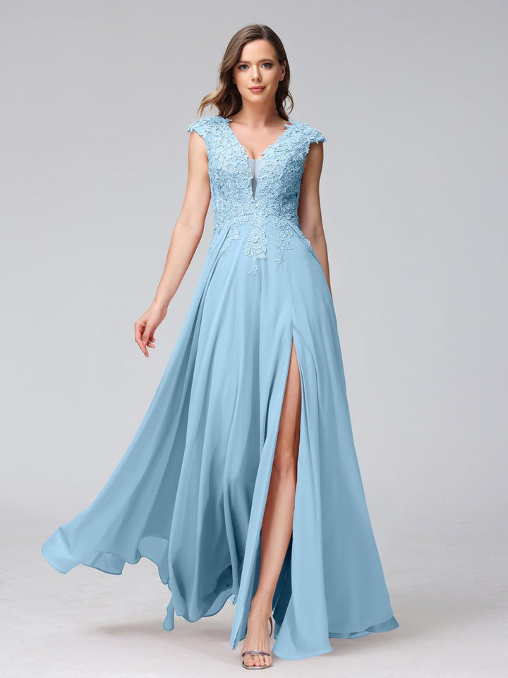 A-Line/Princess V-Neck Sleeveless Chiffon LongBridemaid Dresses With Applique Split Side