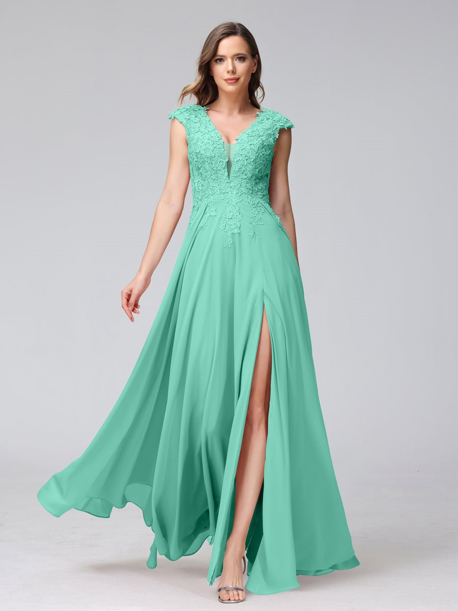 A-Line/Princess V-Neck Sleeveless Chiffon LongBridemaid Dresses With Applique Split Side