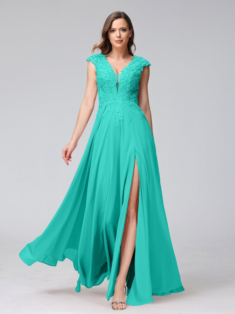 A-Line/Princess V-Neck Sleeveless Chiffon LongBridemaid Dresses With Applique Split Side