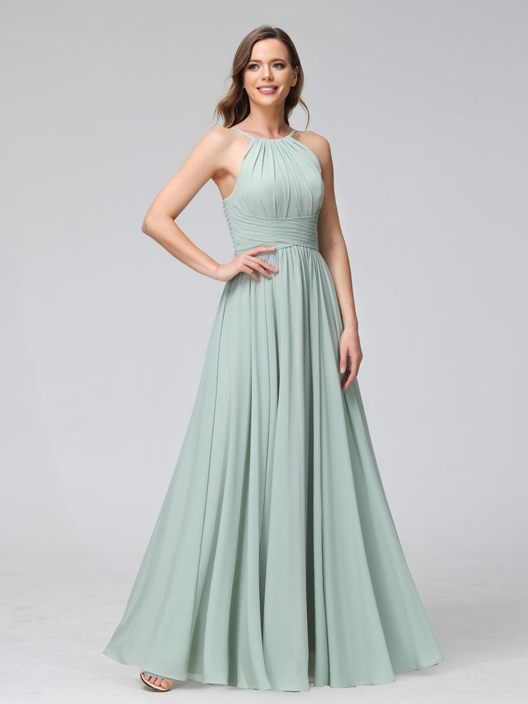 A-Line/Princess Halter Sleeveless Floor-Length Bridemaid Dresses with Ruffles