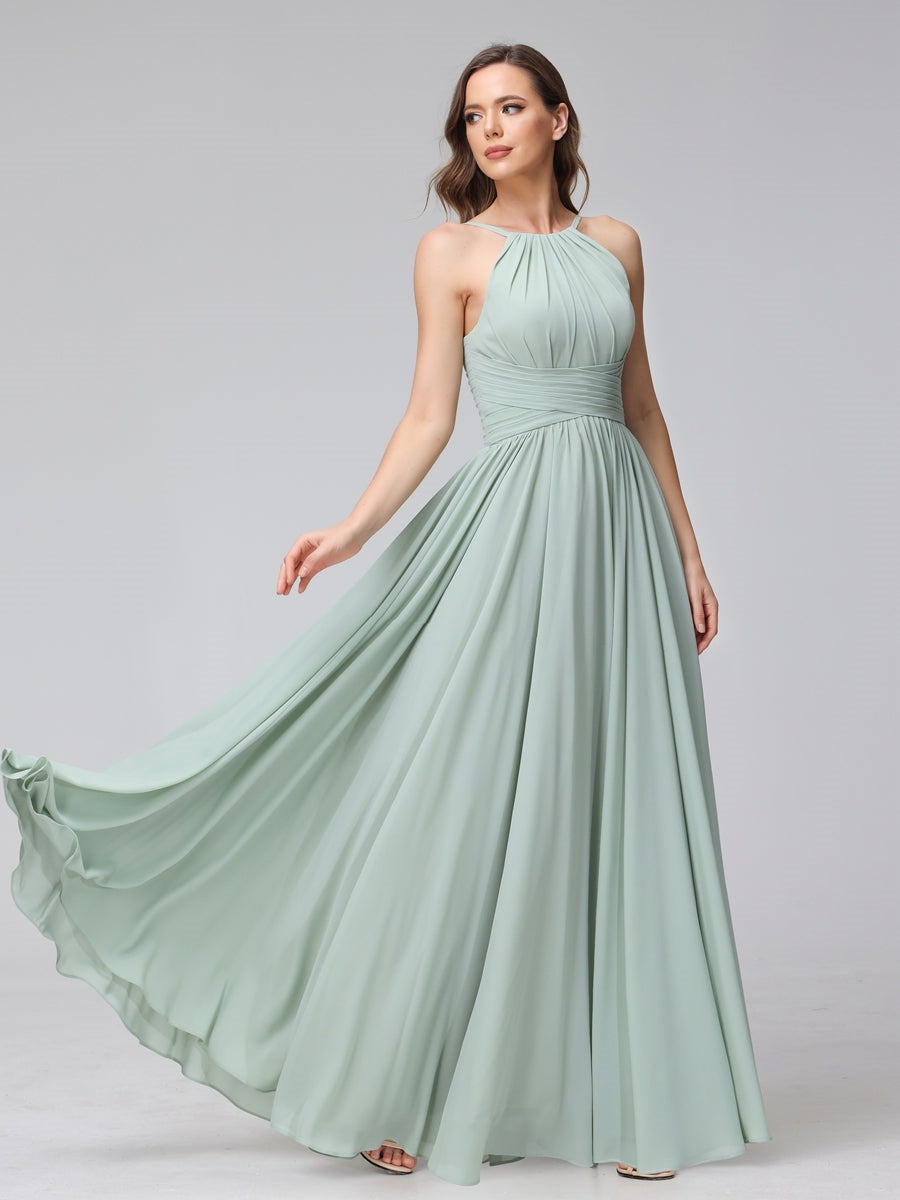 A-Line/Princess Halter Sleeveless Floor-Length Bridemaid Dresses with Ruffles