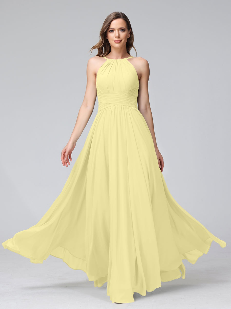 A-Line/Princess Halter Sleeveless Floor-Length Bridemaid Dresses with Ruffles