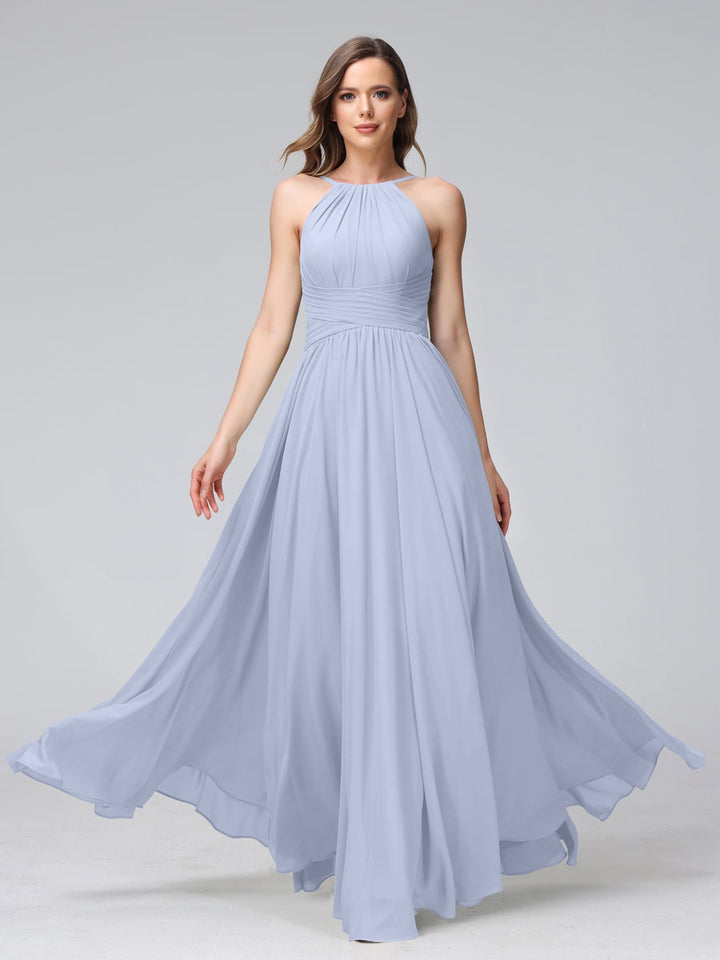 A-Line/Princess Halter Sleeveless Floor-Length Bridemaid Dresses with Ruffles