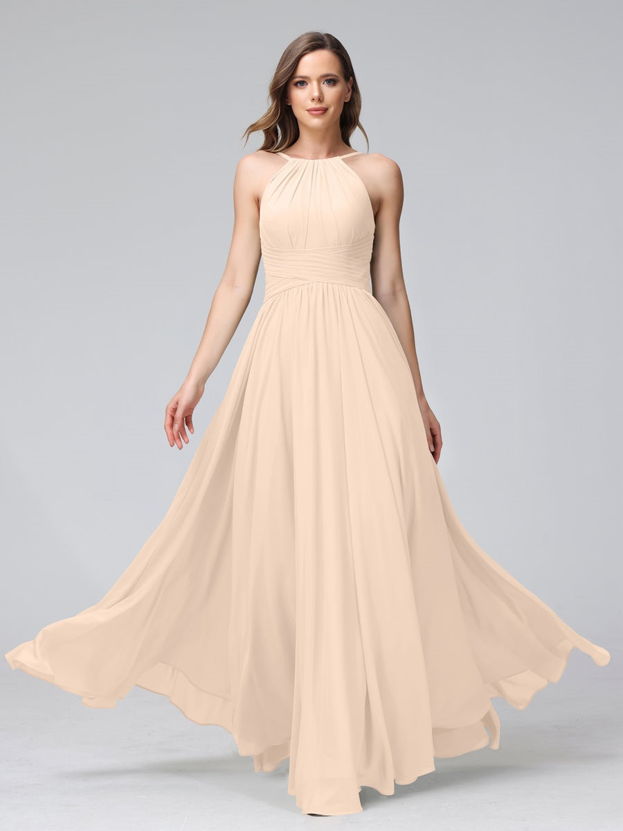 A-Line/Princess Halter Sleeveless Floor-Length Bridemaid Dresses with Ruffles