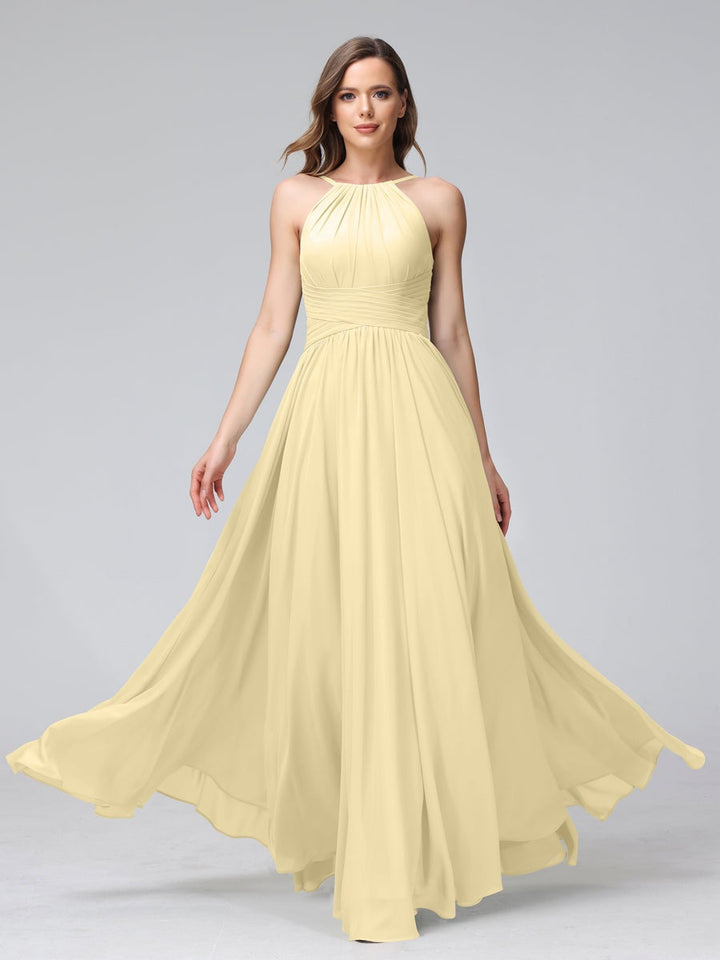 A-Line/Princess Halter Sleeveless Floor-Length Bridemaid Dresses with Ruffles