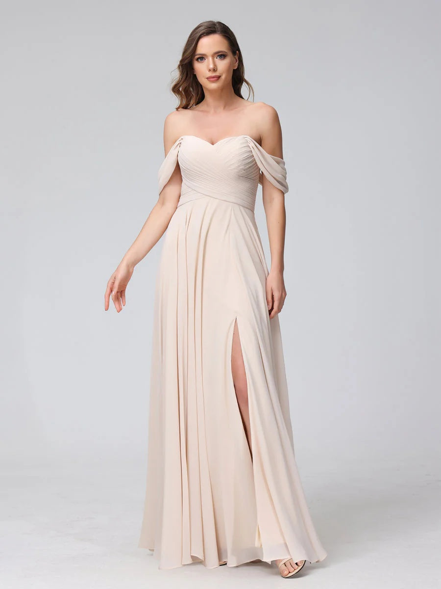 A-Line/Princess Off-the-Shoulder Sleeveless Floor-Length Bridemaid Dresses with Split Side & Ruched