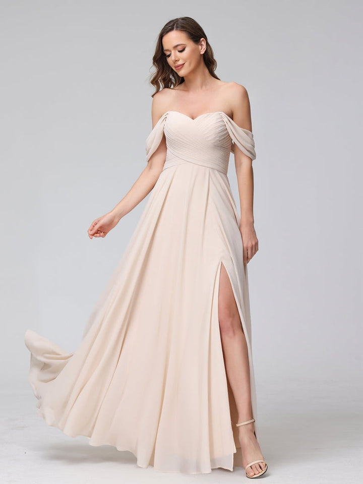 A-Line/Princess Off-the-Shoulder Sleeveless Floor-Length Bridemaid Dresses with Split Side & Ruched