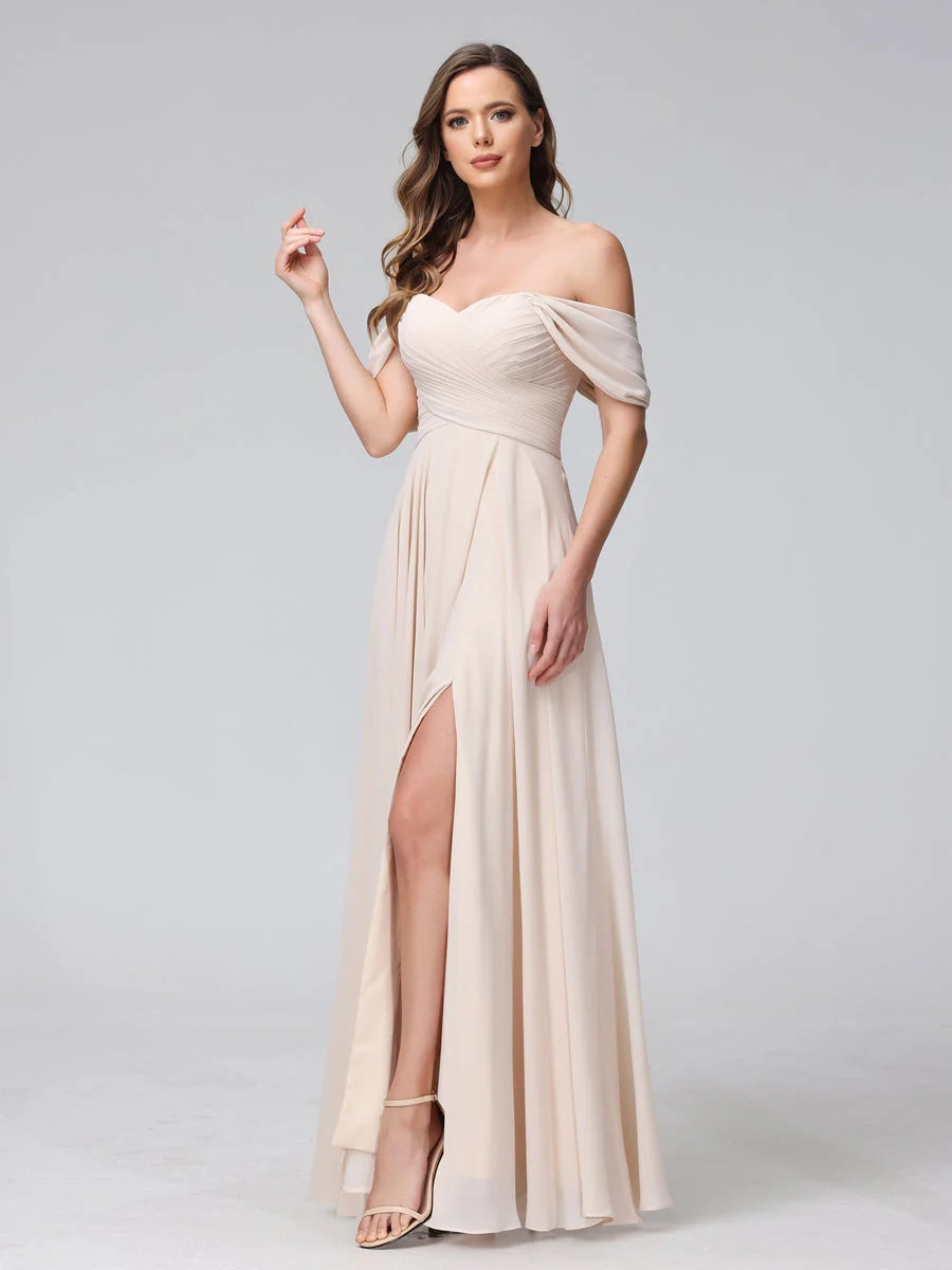 A-Line/Princess Off-the-Shoulder Sleeveless Floor-Length Bridemaid Dresses with Split Side & Ruched