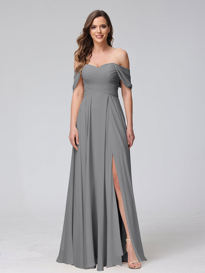 A-Line/Princess Off-the-Shoulder Sleeveless Floor-Length Bridemaid Dresses with Split Side & Ruched