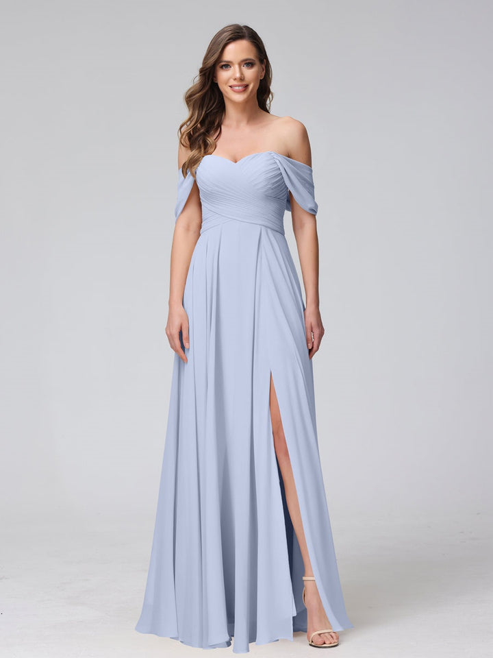 A-Line/Princess Off-the-Shoulder Sleeveless Floor-Length Bridemaid Dresses with Split Side & Ruched