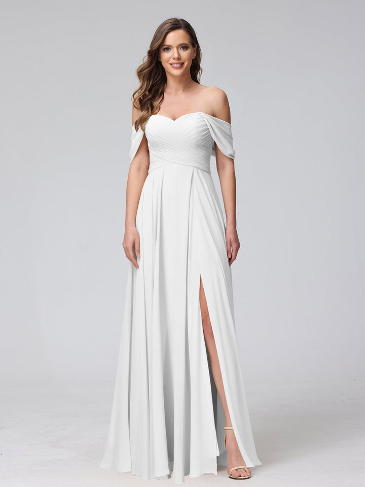 A-Line/Princess Off-the-Shoulder Sleeveless Floor-Length Bridemaid Dresses with Split Side & Ruched