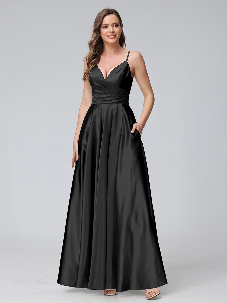 A-Line/Princess V-Neck Sleeveless Ankle-Length Silk Satin Bridemaid Dresses with Pockets & Split Side