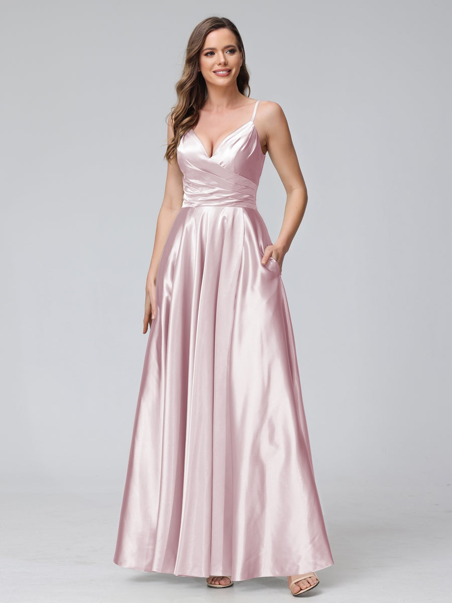 A-Line/Princess V-Neck Sleeveless Ankle-Length Silk Satin Bridemaid Dresses with Pockets & Split Side