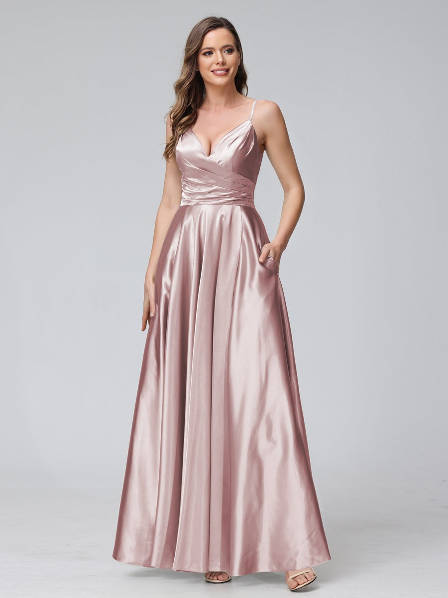 A-Line/Princess V-Neck Sleeveless Ankle-Length Silk Satin Bridemaid Dresses with Pockets & Split Side