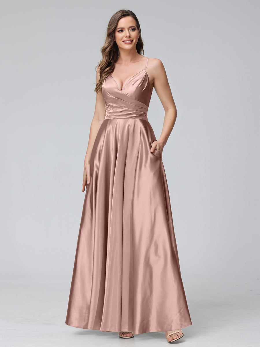 A-Line/Princess V-Neck Sleeveless Ankle-Length Silk Satin Bridemaid Dresses with Pockets & Split Side