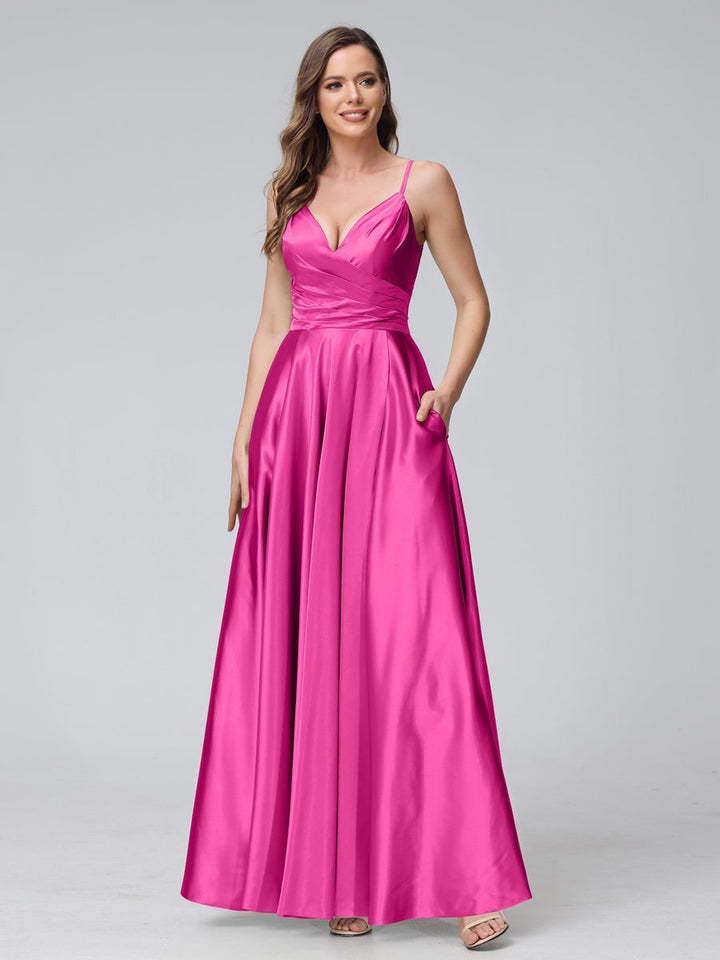 A-Line/Princess V-Neck Sleeveless Ankle-Length Silk Satin Bridemaid Dresses with Pockets & Split Side