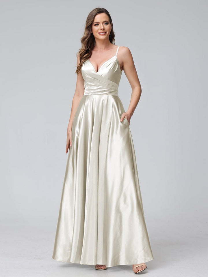 A-Line/Princess V-Neck Sleeveless Ankle-Length Silk Satin Bridemaid Dresses with Pockets & Split Side