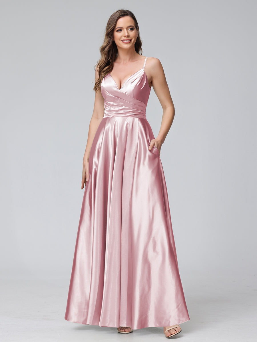 A-Line/Princess V-Neck Sleeveless Ankle-Length Silk Satin Bridemaid Dresses with Pockets & Split Side