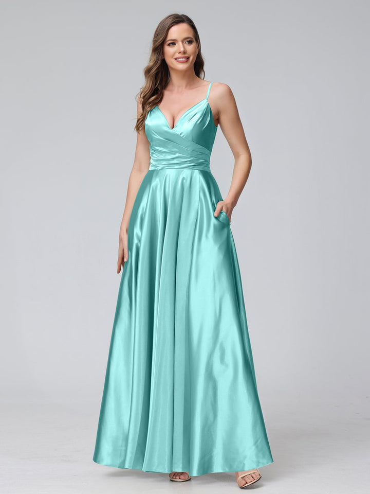 A-Line/Princess V-Neck Sleeveless Ankle-Length Silk Satin Bridemaid Dresses with Pockets & Split Side