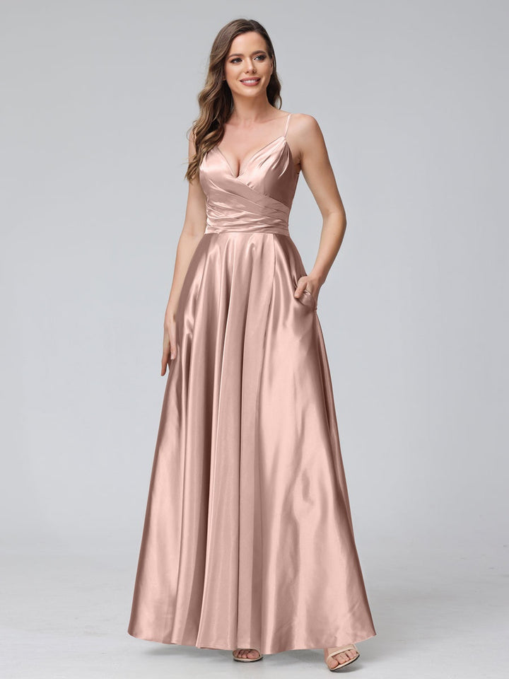 A-Line/Princess V-Neck Sleeveless Ankle-Length Silk Satin Bridemaid Dresses with Pockets & Split Side