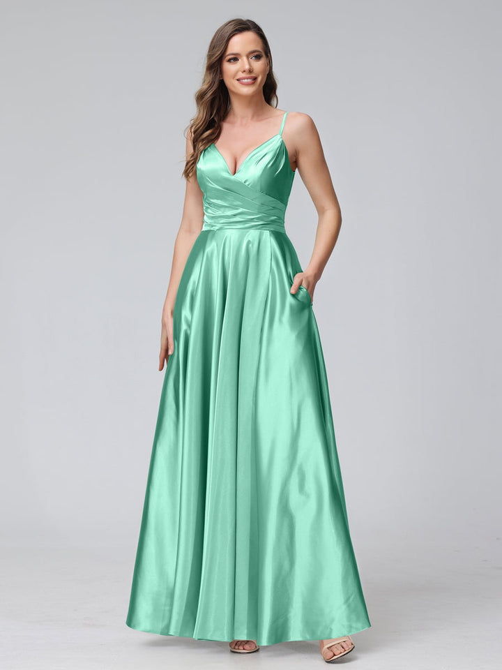 A-Line/Princess V-Neck Sleeveless Ankle-Length Silk Satin Bridemaid Dresses with Pockets & Split Side