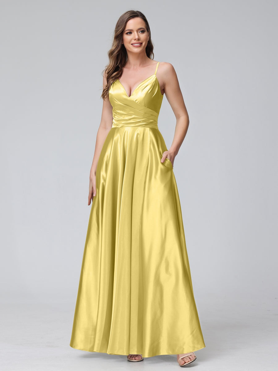 A-Line/Princess V-Neck Sleeveless Ankle-Length Silk Satin Bridemaid Dresses with Pockets & Split Side