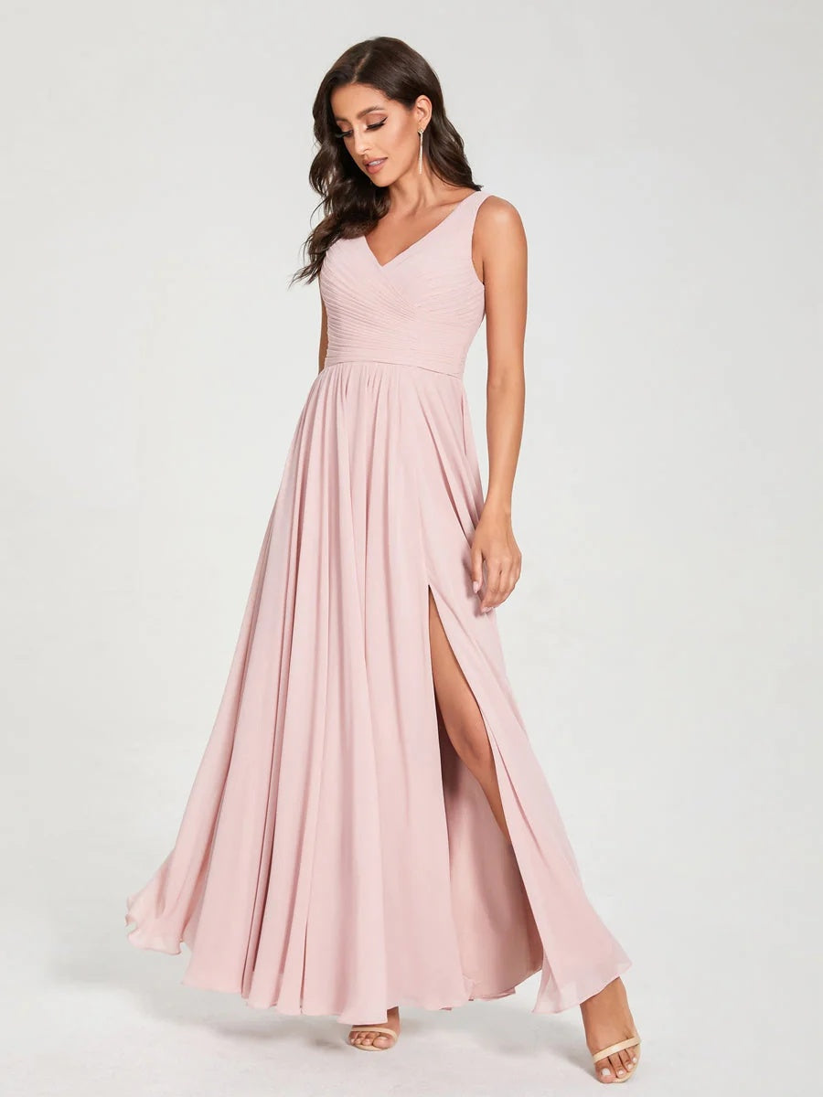 A-Line/Princess Chiffon V-Neck Sleeveless Floor-Length Bridemaid Dresses With Pleats