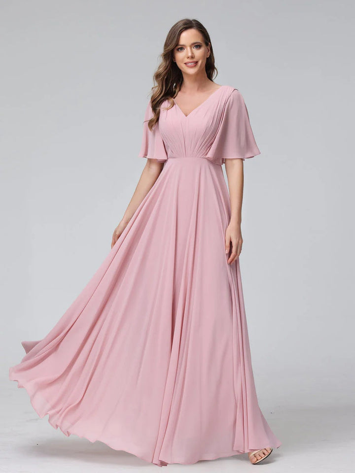 A-Line/Princess V-Neck Half Sleeves Floor-Length Bridemaid Dresses With Ruffles & Pockets