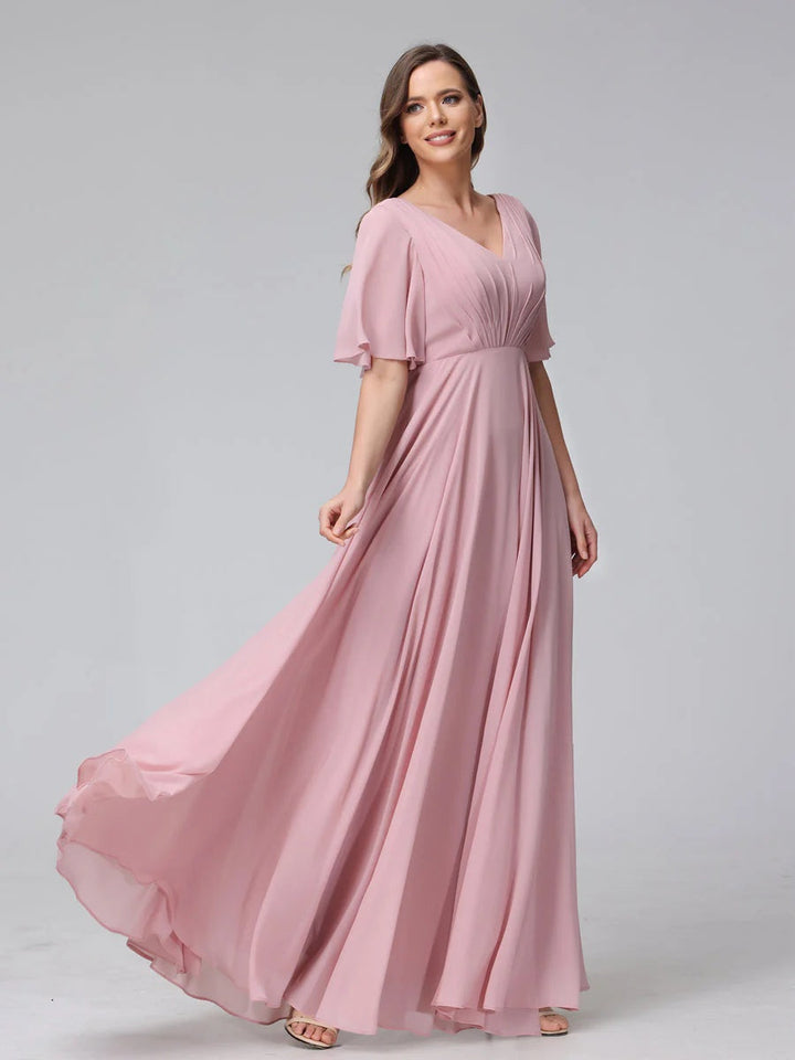 A-Line/Princess V-Neck Half Sleeves Floor-Length Bridemaid Dresses With Ruffles & Pockets