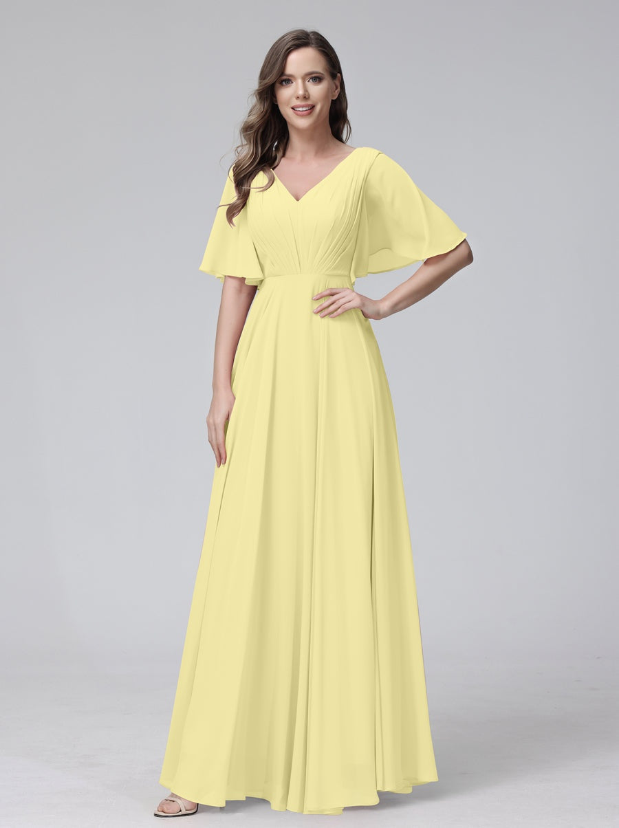 A-Line/Princess V-Neck Half Sleeves Floor-Length Bridemaid Dresses With Ruffles & Pockets