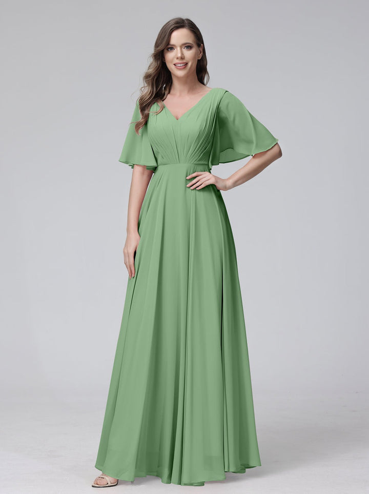 A-Line/Princess V-Neck Half Sleeves Floor-Length Bridemaid Dresses With Ruffles & Pockets