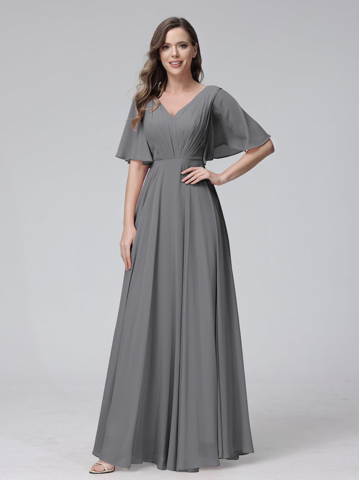 A-Line/Princess V-Neck Half Sleeves Floor-Length Bridemaid Dresses With Ruffles & Pockets