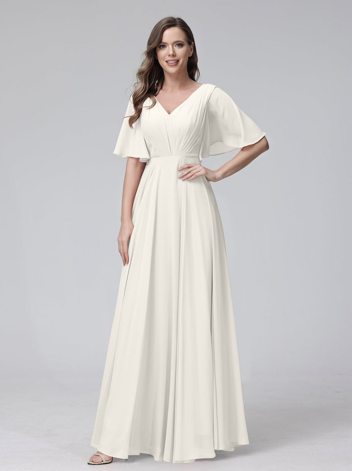 A-Line/Princess V-Neck Half Sleeves Floor-Length Bridemaid Dresses With Ruffles & Pockets