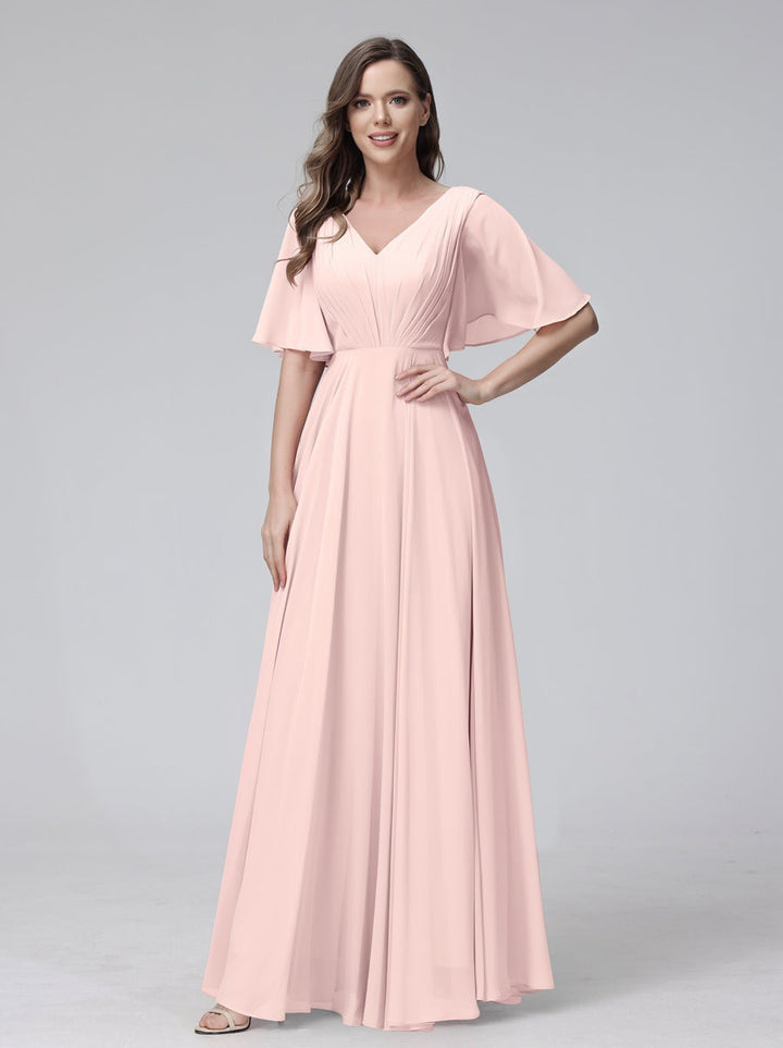 A-Line/Princess V-Neck Half Sleeves Floor-Length Bridemaid Dresses With Ruffles & Pockets