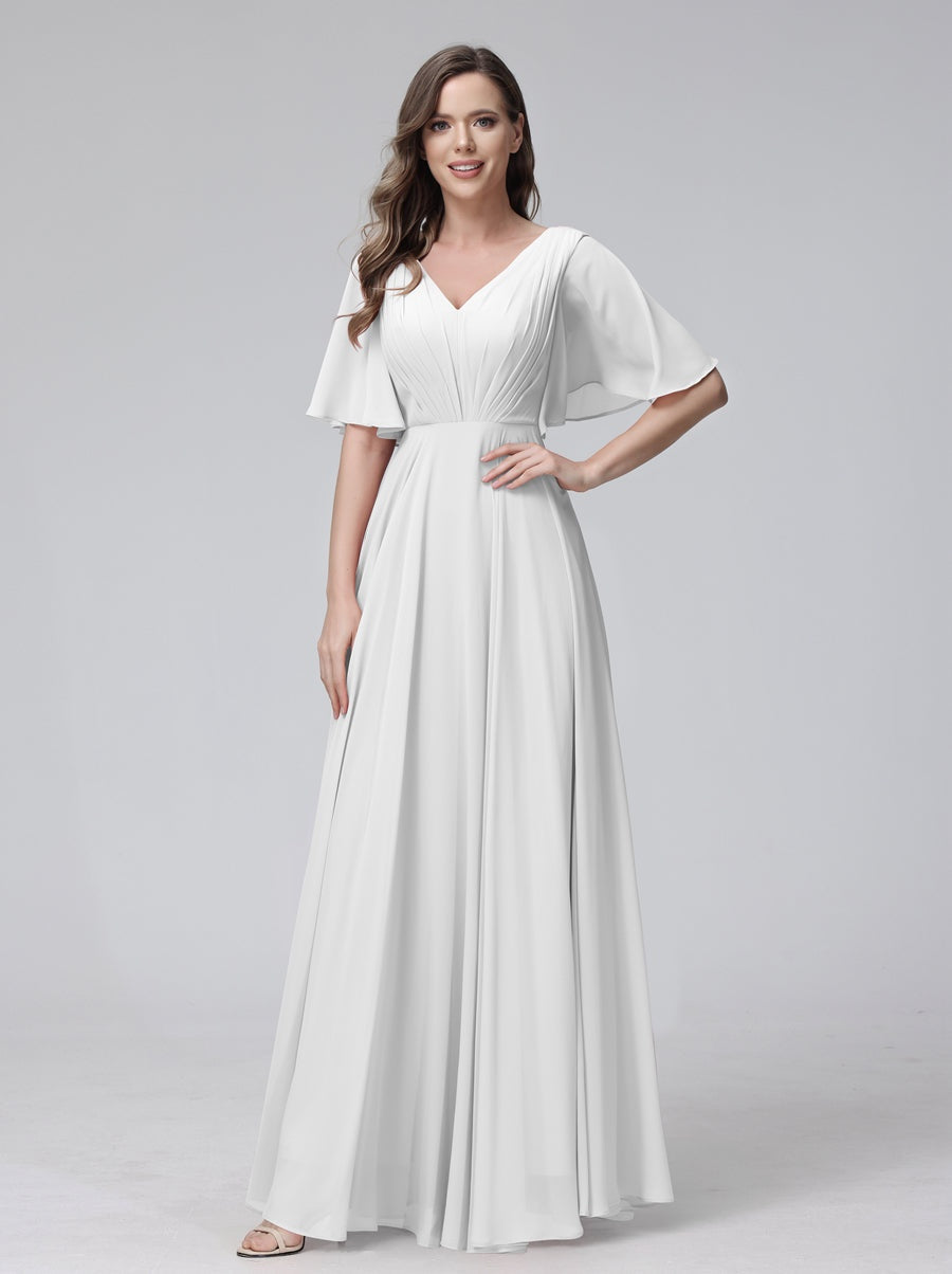 A-Line/Princess V-Neck Half Sleeves Floor-Length Bridemaid Dresses With Ruffles & Pockets